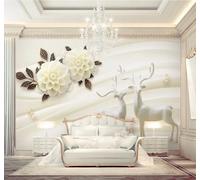 XLMING Exquisite White Flowers Reindeer Marble Effect Art 3D Wallpaper Luxury Home Dining Decor Paste Sofa Living Room The Wall for Bedroom Mural-250cm×170cm