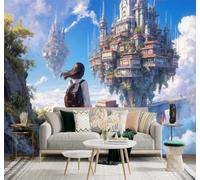 XLMING Fantasy Floating City Girl Clouds Landscape 3D Wallpaper Premium Textured Silk Study Dining Living Room Bedroom Sofa TV Wall Easy Install-400cm×280cm
