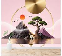 XLMING Fawn Trees Lake Reflection Sunset Mountain Scenery 3D Wallpaper Premium Textured Silk Study Dining Living Room Bedroom Sofa TV Wall Easy Install-250cm×170cm
