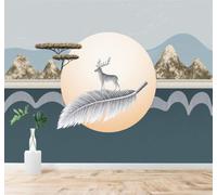 XLMING Feathers White Deer Mountains Sunset Landscape 3D Wallpaper Premium Textured Silk Study Dining Living Room Bedroom Sofa TV Wall Easy Install-400cm×280cm