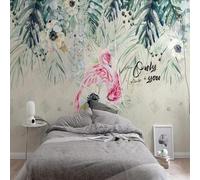 XLMING Flamingos Vintage Hand Drawn Fresh Green Leaves Flowers 3D Wallpaper Silky Texture Home Study Office Grey Dining Room Sofa Bedroom Living Room TV Backdrop-350cm×256cm