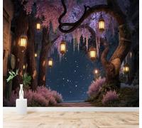 XLMING Forest Footpath Lanterns Starry Sky Purple Flowers 3D Wallpaper Silky Texture Home Study Office Grey Dining Room Sofa Bedroom Living Room TV Backdrop-150cm×105cm