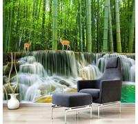 XLMING Fresh Bamboo Grove Waterfall Elk Landscape 3D Wallpaper Luxury Silk Study Dining Feature Sofa Grey Bedroom Living Room Tv Decorative Wall-350cm×256cm