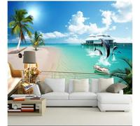 XLMING Fresh Beautiful Blue Sky Dolphins Beach Seascape 3D Wallpaper Premium Textured Silk Study Dining Living Room Bedroom Sofa TV Wall Easy Install-430cm×300cm