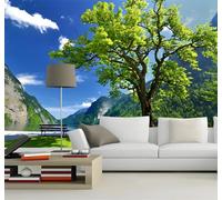 XLMING Fresh Beautiful Blue Sky High Mountains Large Trees Scenery 3D Wallpaper Silky Texture Home Study Office Grey Dining Room Sofa Bedroom Living Room TV Backdrop-430cm×300cm