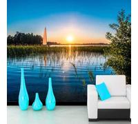 XLMING Fresh Beautiful Blue Sky Sunrise Pond Forest 3D Wallpaper Premium Textured Silk Study Dining Living Room Bedroom Sofa TV Wall Easy Install-300cm×210cm
