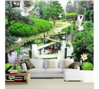 XLMING Fresh Beautiful Small Bridge Flowing Water Courtyard Forest 3D Wallpaper Silky Texture Home Study Office Grey Dining Room Sofa Bedroom Living Room TV Backdrop-400cm×280cm