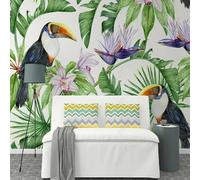 XLMING Fresh Beautiful Watercolour Flowers Green Leaves Birds 3D Wallpaper Silky Texture Home Study Office Grey Dining Room Sofa Bedroom Living Room TV Backdrop-300cm×210cm