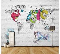 XLMING Fresh Beautiful World Map Brick Wall Graffiti 3D Wallpaper Silky Texture Home Study Office Grey Dining Room Sofa Bedroom Living Room TV Backdrop-400cm×280cm