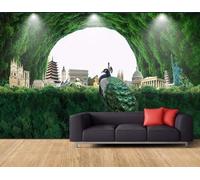 XLMING Fresh Forest Art Architecture Peacock 3D Wallpaper Silky Texture Home Study Office Grey Dining Room Sofa Bedroom Living Room TV Backdrop-300cm×210cm
