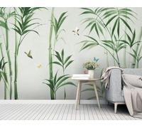 XLMING Fresh Green Bamboo Butterflies Birds in Flight 3D Wallpaper Luxury Silk Study Dining Feature Sofa Grey Bedroom Living Room Tv Decorative Wall-300cm×210cm