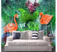 XLMING Fresh Green Banana Leaf Pink Flamingo 3D Wallpaper Premium Textured Silk Study Dining Living Room Bedroom Sofa TV Wall Easy Install-350cm×256cm