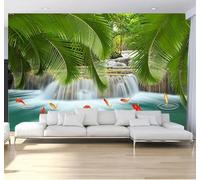 XLMING Fresh Green Banana Leaves Waterfall Small Fish Landscape 3D Wallpaper Luxury Silk Study Dining Feature Sofa Grey Bedroom Living Room Tv Decorative Wall-400cm×280cm