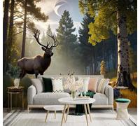 XLMING Fresh Green Forest Elk Morning Light 3D Wallpaper Premium Textured Silk Study Dining Living Room Bedroom Sofa TV Wall Easy Install-150cm×105cm