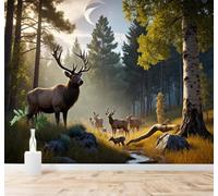 XLMING Fresh Green Forest Elk Morning Light 3D Wallpaper Silky Texture Home Study Office Grey Dining Room Sofa Bedroom Living Room TV Backdrop-150cm×105cm