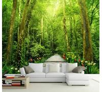 XLMING Fresh Green Forest Path Flowers 3D Wallpaper Premium Textured Silk Study Dining Living Room Bedroom Sofa TV Wall Easy Install-200cm×140cm