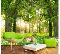 XLMING Fresh Green Forest Sika Deer Birds in Flight 3D Wallpaper Premium Textured Silk Study Dining Living Room Bedroom Sofa TV Wall Easy Install-200cm×140cm