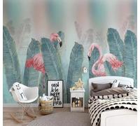 XLMING Fresh Green Leaves Watercolour Style Flamingos 3D Wallpaper Silky Texture Home Study Office Grey Dining Room Sofa Bedroom Living Room TV Backdrop-350cm×256cm