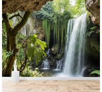 XLMING Fresh Tropical Waterfall Lush Forest Flowing River 3D Wallpaper Silky Texture Home Study Office Grey Dining Room Sofa Bedroom Living Room TV Backdrop-150cm×105cm