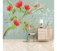 XLMING Fresh Watercolour Beautiful Flowers Butterflies Green Leaves 3D Wallpaper Silky Texture Home Study Office Grey Dining Room Sofa Bedroom Living Room TV Backdrop-300cm×210cm