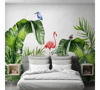 XLMING Fresh Watercolour Tropical Plants Green Leaves Flamingo 3D Wallpaper Silky Texture Home Study Office Grey Dining Room Sofa Bedroom Living Room TV Backdrop-350cm×256cm