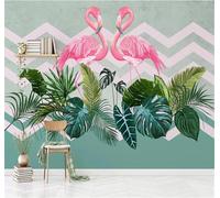 XLMING Freshness Plants Green Leaves Pink Flamingos 3D Wallpaper Premium Textured Silk Study Dining Living Room Bedroom Sofa TV Wall Easy Install-400cm×280cm