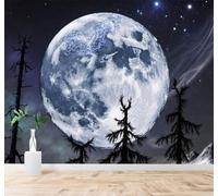 XLMING Full Moon Dark Forest Starry Sky Misty Clouds Landscape 3D Wallpaper Premium Textured Silk Study Dining Living Room Bedroom Sofa TV Wall Easy Install-350cm×256cm