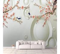 XLMING Geometric Circular Birds in Flight Pink Floral 3D Wallpaper Premium Textured Silk Study Dining Living Room Bedroom Sofa TV Wall Easy Install-200cm×140cm