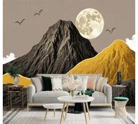 XLMING Gold Black Mountains Full Moon Birds Landscape 3D Wallpaper Silky Texture Home Study Office Grey Dining Room Sofa Bedroom Living Room TV Backdrop-200cm×140cm