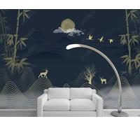 XLMING Gold Lines Bamboo Birds in Flight Elk 3D Wallpaper Luxury Silk Study Dining Feature Sofa Grey Bedroom Living Room Tv Decorative Wall-350cm×256cm