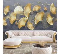 XLMING Gold Lines Ginkgo Leaves Birds in Flight Moon 3D Wallpaper Silky Texture Home Study Office Grey Dining Room Sofa Bedroom Living Room TV Backdrop-150cm×105cm