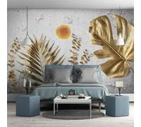 XLMING Gold Plants Leaves Birds Sunrise 3D Wallpaper Premium Textured Silk Study Dining Living Room Bedroom Sofa TV Wall Easy Install-300cm×210cm