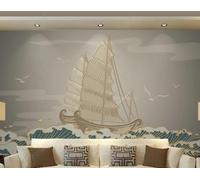 XLMING Gold Relief Lines Sailing Ships Birds in Flight 3D Wallpaper Luxury Silk Study Dining Feature Sofa Grey Bedroom Living Room Tv Decorative Wall-250cm×170cm