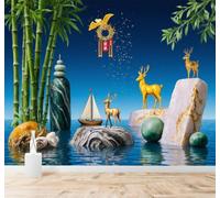 XLMING Golden Deer Bamboo Sailing Boat Blue Water Stones 3D Wallpaper Silky Texture Home Study Office Grey Dining Room Sofa Bedroom Living Room TV Backdrop-250cm×170cm