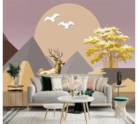 XLMING Golden Deer By The Lake Mountains Birds in Flight Sunlight Yellow Trees 3D Wallpaper Premium Textured Silk Study Dining Living Room Bedroom Sofa TV Wall Easy Install-150cm×105cm