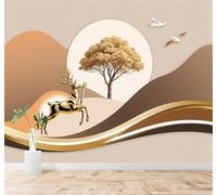 XLMING Golden Deer Trees Birds in Flight Abstract Brown Mountains 3D Wallpaper Premium Textured Silk Study Dining Living Room Bedroom Sofa TV Wall Easy Install-300cm×210cm