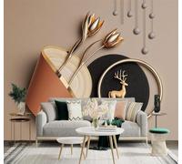 XLMING Golden Deer Tulips Abstract Geometric Metallic Art 3D Wallpaper Premium Textured Silk Study Dining Living Room Bedroom Sofa TV Wall Easy Install-350cm×256cm