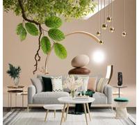 XLMING Golden Deer Zen Stones Green Leaves Abstract Creative Art 3D Wallpaper Premium Textured Silk Study Dining Living Room Bedroom Sofa TV Wall Easy Install-300cm×210cm