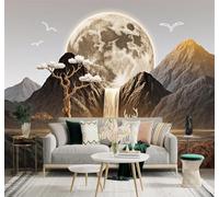 XLMING Golden Moon Waterfall Elk Mountain Scenery 3D Wallpaper Premium Textured Silk Study Dining Living Room Bedroom Sofa TV Wall Easy Install-250cm×170cm