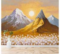 XLMING Golden Mountains Snow Capped Peaks Sunset Sky White Flower Fields 3D Wallpaper Silky Texture Home Study Office Grey Dining Room Sofa Bedroom Living Room TV Backdrop-430cm×300cm