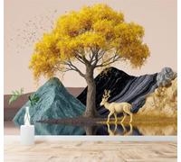 XLMING Golden Trees Golden Deer Mountains Lakes Reflections 3D Wallpaper Premium Textured Silk Study Dining Living Room Bedroom Sofa TV Wall Easy Install-250cm×170cm
