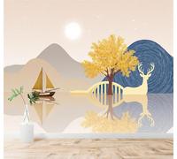 XLMING Golden Trees Golden Deer Sailing Boats Mountain Peaks Lakes Reflections 3D Wallpaper Premium Textured Silk Study Dining Living Room Bedroom Sofa TV Wall Easy Install-300cm×210cm