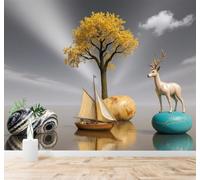 XLMING Golden Trees Sailboats Pebbles Deer Dreamlike Scenery 3D Wallpaper Silky Texture Home Study Office Grey Dining Room Sofa Bedroom Living Room TV Backdrop-430cm×300cm