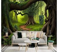 XLMING Green Forest Ancient Trees Waterfall Footpath 3D Wallpaper Silky Texture Home Study Office Grey Dining Room Sofa Bedroom Living Room TV Backdrop-300cm×210cm