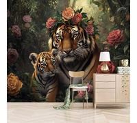 XLMING Green Forest Pink Rose Tiger 3D Wallpaper Premium Textured Silk Study Dining Living Room Bedroom Sofa TV Wall Easy Install-250cm×170cm