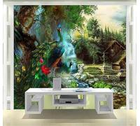 XLMING Green Forest Waterfall Peacock Houses 3D Wallpaper Luxury Home Dining Decor Paste Sofa Living Room The Wall for Bedroom Mural-300cm×210cm