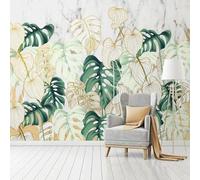 XLMING Green Gold Plants Leaves Marble Effect 3D Wallpaper Premium Textured Silk Study Dining Living Room Bedroom Sofa TV Wall Easy Install-200cm×140cm