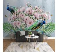 XLMING Green Leaves Pink Flowers Butterflies Peacocks 3D Wallpaper Luxury Home Dining Decor Paste Sofa Living Room The Wall for Bedroom Mural-430cm×300cm
