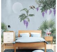 XLMING Green Plants Purple Flowers Little Birds 3D Wallpaper Premium Textured Silk Study Dining Living Room Bedroom Sofa TV Wall Easy Install-400cm×280cm