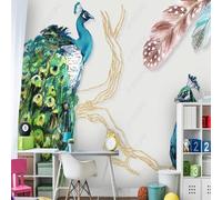 XLMING Hand Drawn Abstract Peacock Colourful Feathers Lines Gold 3D Wallpaper Premium Textured Silk Study Dining Living Room Bedroom Sofa TV Wall Easy Install-300cm×210cm
